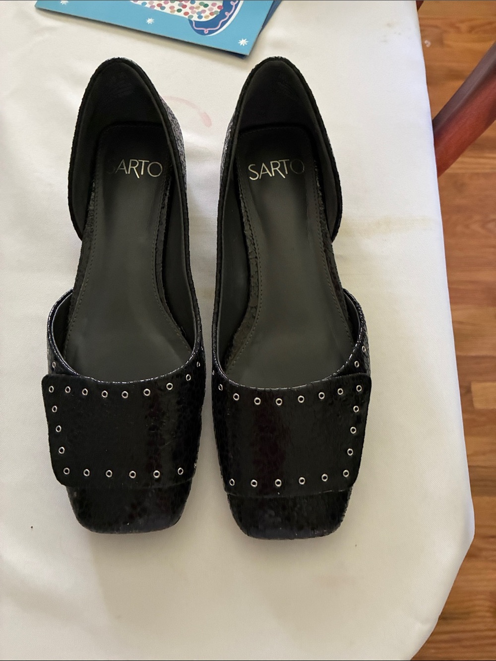 SARTO By Franco Sarto Black Patent Square-Toe Flats with Stud Detail